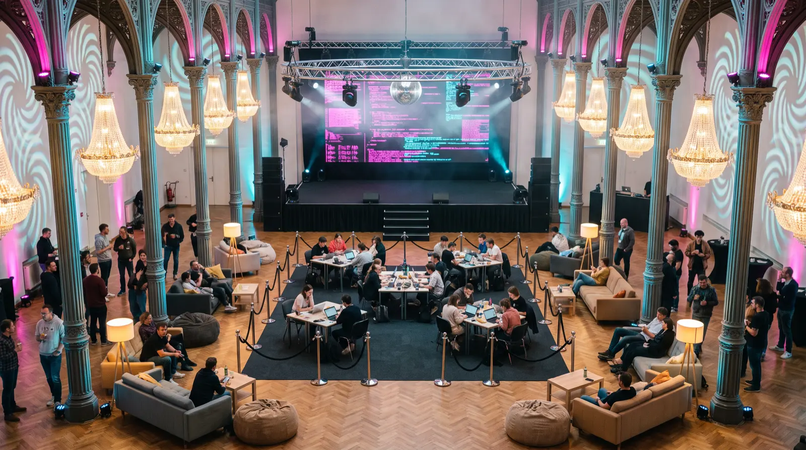 Der Festsaal der Flora als Arena: in der Saalmitte der abgesperrte Wettkampf-Block mit zwölf Startplätzen, ringsherum Lounges mit Sofas und Sitzsäcken voller Zuschauer, dahinter die Bühne mit der großen LED-Wand, Kristallkronleuchter im Magentalicht