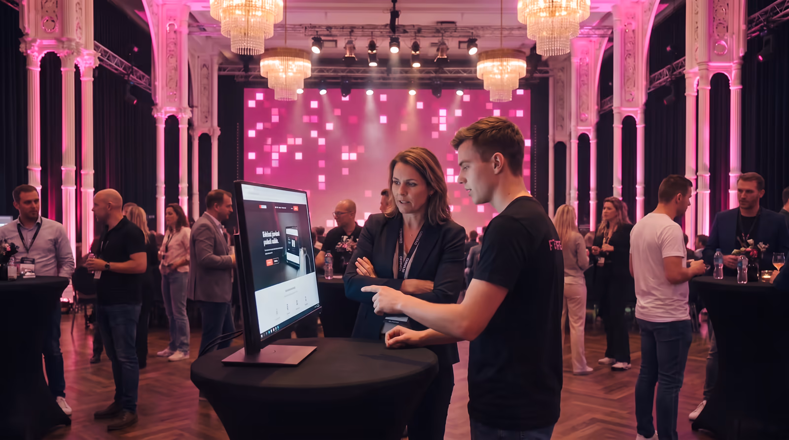 Später Abend an einer Station der Galerie in der Flora: Eine Entscheiderin mit Namensband schaut mit verschränkten Armen auf eine fertige Produktseite, der junge Builder daneben zeigt auf den Bildschirm. Dahinter Gäste an Stehtischen und die LED-Wand. KI-Visualisierung des geplanten Abends. Basis: echtes Foto der Flora Köln.